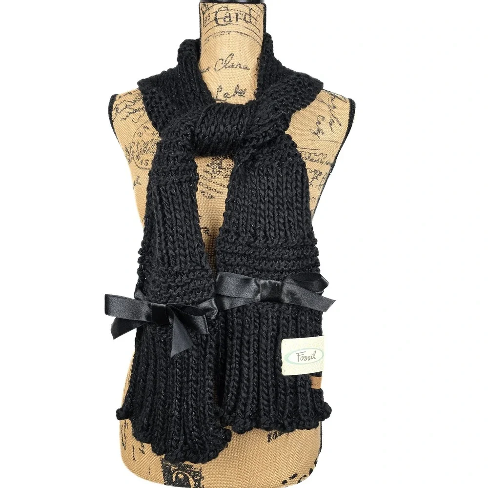 Fossil Lacey Lurex Black Chunky Knit Scarf with Satin Bows Metallic CW4003001